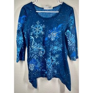 Collections Etc Womens Blue Snowflake Print 3/4 Sleeve Tunic Top Size M